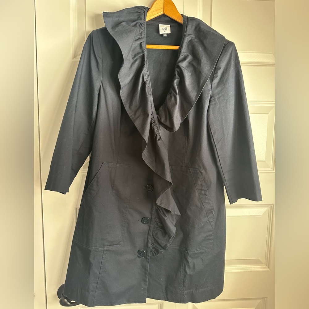 CAbi Elegant Dark Blue Trench Coat with Ruffle Detail